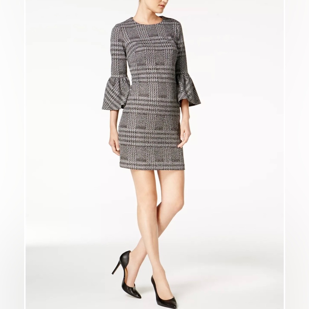 NWT CALVIN KLEIN
Plaid Ponté-Knit Bell-Sleeve Dress